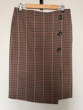 Ann Taylor Checked Faux Wrap Pencil Skirt with Side Button Detail